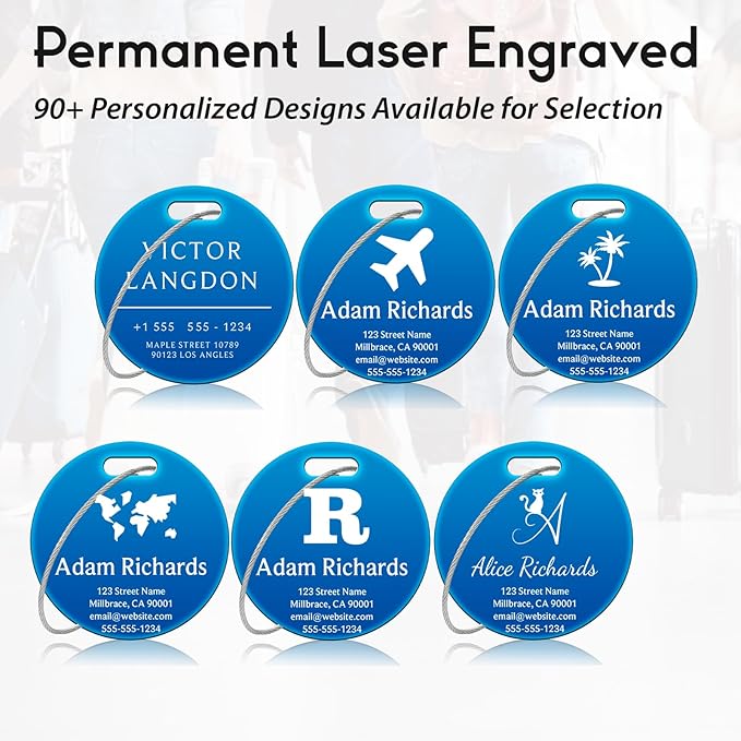 Customized Stainless Steel Luggage Tags: Personalize Your Suitcases, Backpacks, and Bags with Your Text (Blue)
