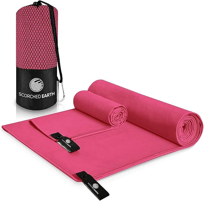 ScorchedEarth Microfiber Travel & Sports Towel Set (Rose Pink) - XL Set (39x70.5 & 12x24)