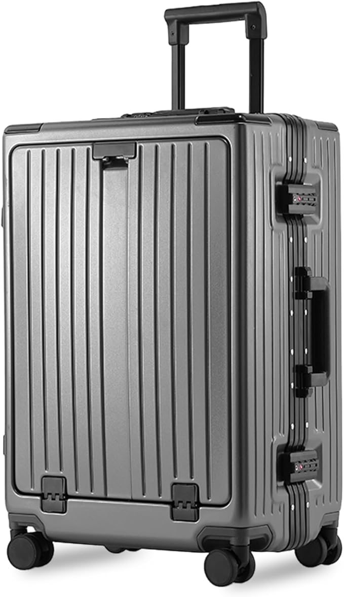 24 Inch Check-In Luggage Aluminum Frame Zipperless Luggage, Hard Shell Suitcase TSA Approved Checked Luggage, ABS+PC Lightweight Zipperless Suitcase with Spinner Wheels (Grey)