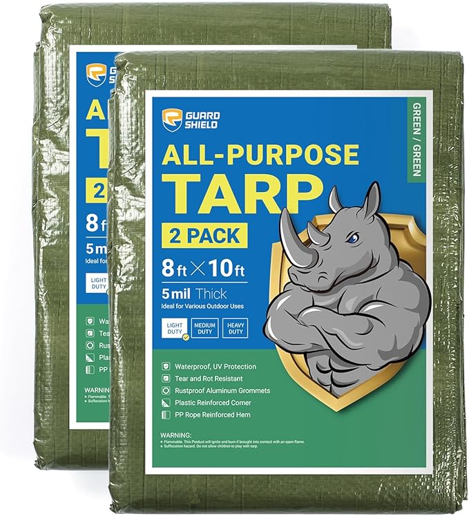 GUARD SHIELD Tarp Green 8x10 Feet Multi Purpose Waterproof Poly Tarp Cover 5mil (2-Pack)