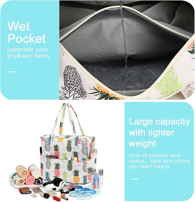 Waterproof Beach Tote Pool Bags for Women Ladies Extra Large Gym Tote Carry On Bag With Wet Compartment for Weekender Travel