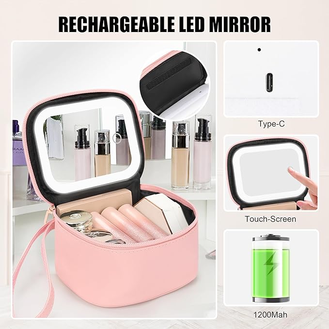 Relavel Mini Makeup Bag with Led Mirror, Small Cosmetic Bag with 3 Light Modes, Rechargeable Portable Makeup Pouch with Hands-Free Wrist Strap for Pool Parties丨Work Touch-Ups丨Travel - Pink