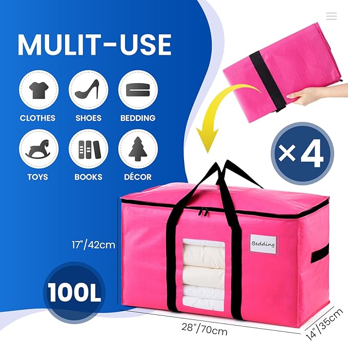 TAILI 4 Pack Pink Extra Large Moving Bags, Heavy Duty Totes with Visible Window, Wrap Around Handles, Great for Storage, Space-Saving