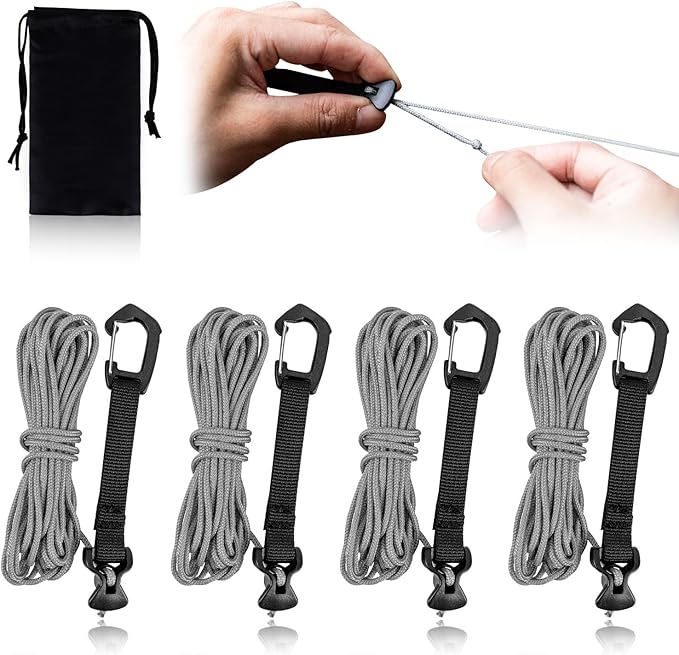 4 Pack Guy Lines-Ultralight Tent Cords with Locking Carabiner Clip, 2mm 100% Nylon Guylines Ropes for Outdoor Camping Tent Tarp,Climbing,Hiking Backpacking (Grey, 4M)