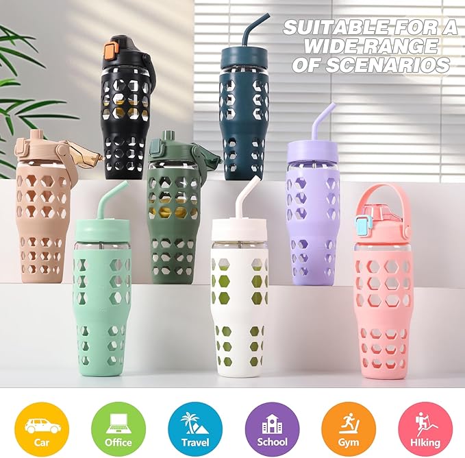 MUKOKO 32 oz Glass Tumbler with Straw,Glass Water Bottles with Time Marker,Iced Coffee Cup with 2 Lids-Handle Spout Lid&Straw Lid,Silicone Sleeve,Leakproof,1 Pack-Pink