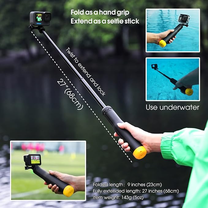 SOONSUN 4in1 Floating Selfie Stick Hand Grip Tripod for GoPro Hero 13 12 11 10 9 8 7 6 5 4 Session Max, AKASO, SJCAM Action Camera, Waterproof Extension Monopod Pole Floating Handle Tripod Stand