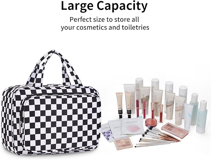 Narwey Travel Toiletry Bag for Women Large Hanging Makeup Bag Organizer Toiletries Bag for Full Size Essentials Accessories Cosmetics (Black Checkerboard (Large))