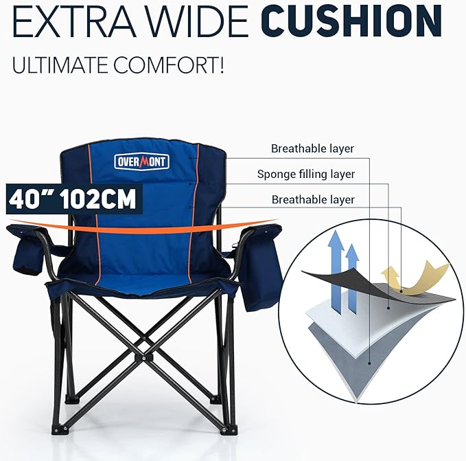 Overmont Oversized Folding Camping Chair - 450lbs Support with Padded Cushion Cooler Pockets - Heavy Duty Collapsible Chairs for Sports Garden Beach Fishing