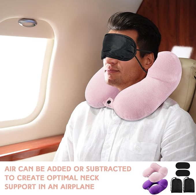 Sintuff 2 Pack Inflatable Travel Pillow for Airplanes Inflatable Neck Flight Pillows with Compact Bag and Blindfold for Traveling, Airplane, Train, Car, Office(Light Pink and Violet)