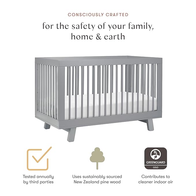 Babyletto Hudson 3-in-1 Convertible Baby Crib - GREENGUARD Gold Certified Convertible Crib to Toddler Bed & Daybed - Wooden Baby Bed with 4 Adjustable Mattress Heights - Strong & Easy Assembly - Grey