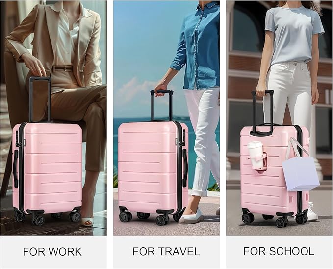 KYME Luggage Sets 2 Piece Hardshell 22"/26" Suitcase with Spinner Wheels Hardside Suitcases Sets with TSA Lock Lightweight Travel Luggage Set with Cup Holder for Women Pink