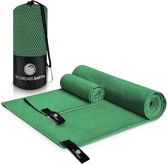 ScorchedEarth Microfiber Travel & Sports Towel Set - Quick Dry, Super Absorbent, Compact, Lightweight - for Camping, Backpacking, Hiking, Beach, Yoga, Swimming - Includes 2 Sizes + Carrying Bag & Clip