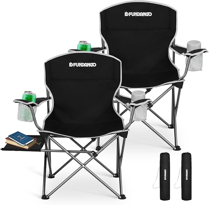 FUNDANGO Folding Camping Chair with Table, 2 Pack Portable Heavy Duty Outdoor Padded Chairs for Adults with Cup Holders for Lawn Beach Picnic Outside Travel (Black)
