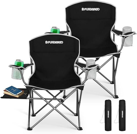 FUNDANGO Folding Camping Chair with Table, 2 Pack Portable Heavy Duty Outdoor Padded Chairs for Adults with Cup Holders for Lawn Beach Picnic Outside Travel (Black)
