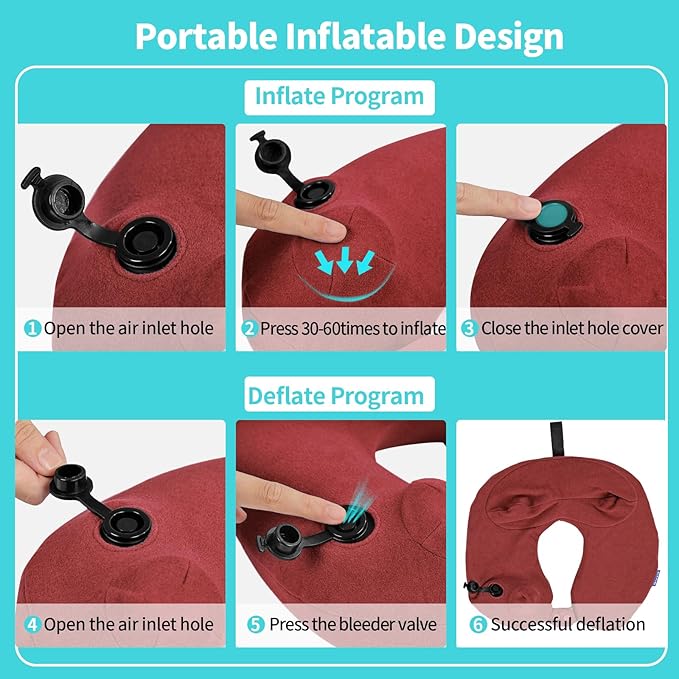 Inflatable Travel Neck Pillow for Airplane, Head Support Velvet Adult Neck Pillow for Long Flight, Kit with Eye Mask, Earplugs and Storage Bag,1, Red