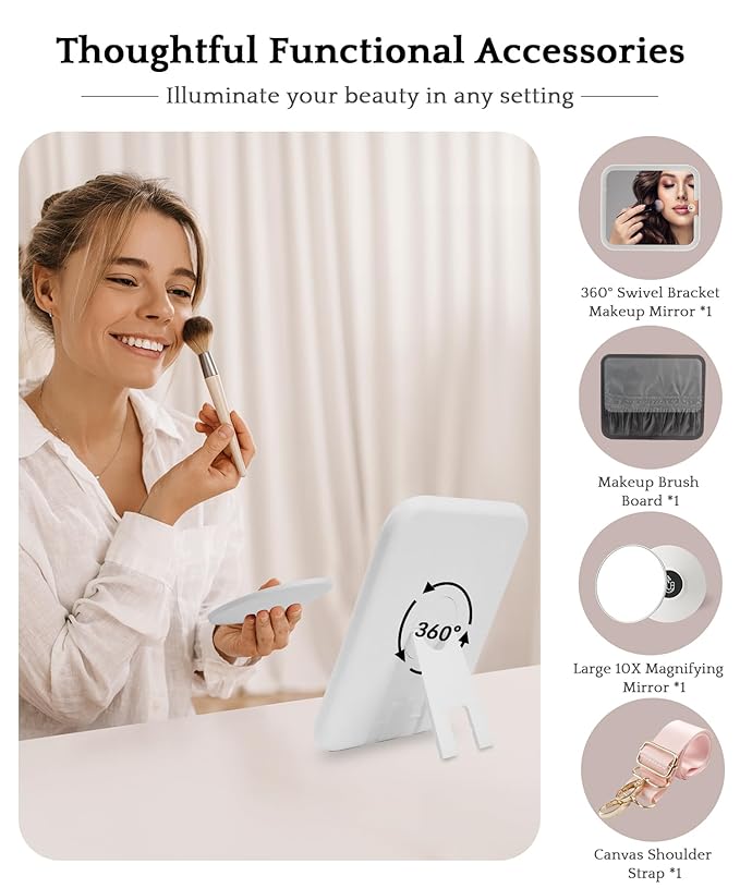 MOMIRA Travel Makeup Bag Cosmetic Bag with Lighted Mirror, Adjustable Brightness in 3 Color Scenarios/Detachable makeup mirror, All-round Upgrade, Waterproof, Gift for Women -Beige Grey