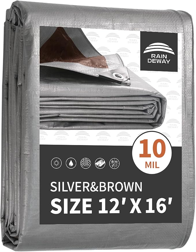 Tarps Heavy Duty Waterproof 12x16 Feet, 10Mil Multipurpose Poly Tarp Cover with Metal Grommets and Reinforced Edges, Silver/Brown Tarp by RAINDEWAY