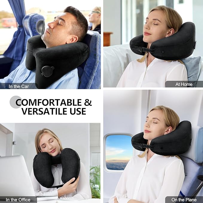 Sunany Neck Pillow for Travel Inflatable Airplane Pillow Comfortably Supports Head, Neck and Chin, Inflatable Travel Pillow with Soft Velour Cover and Portable Drawstring Bag (Black)