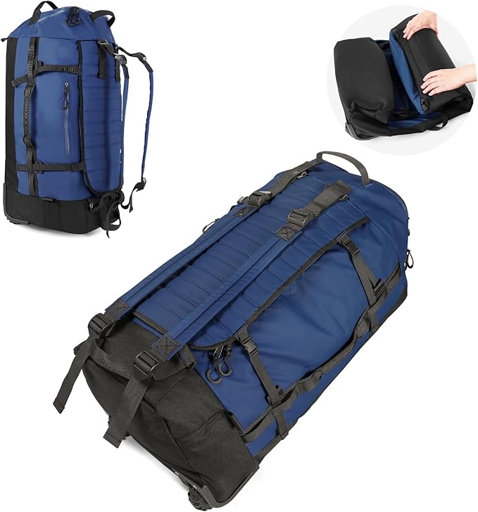 Vomgomfom 86L Collapsible Wheeled Luggage with Removable Backpack Straps,Waterproof Rolling Duffle Bag with Quilted Base,No Telescope Handle,Navy