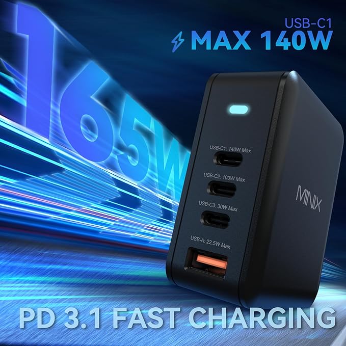 MINIX 165W USB C Charger,GaN II Charger PD3.1 Max 140W,Turbo 4-Port Charging Adapter, Fast Charging Station, Compatible with MacBook Pro/iPad Air/iPhone15 14 13Pro Max/Galaxy S24 Ultra and More