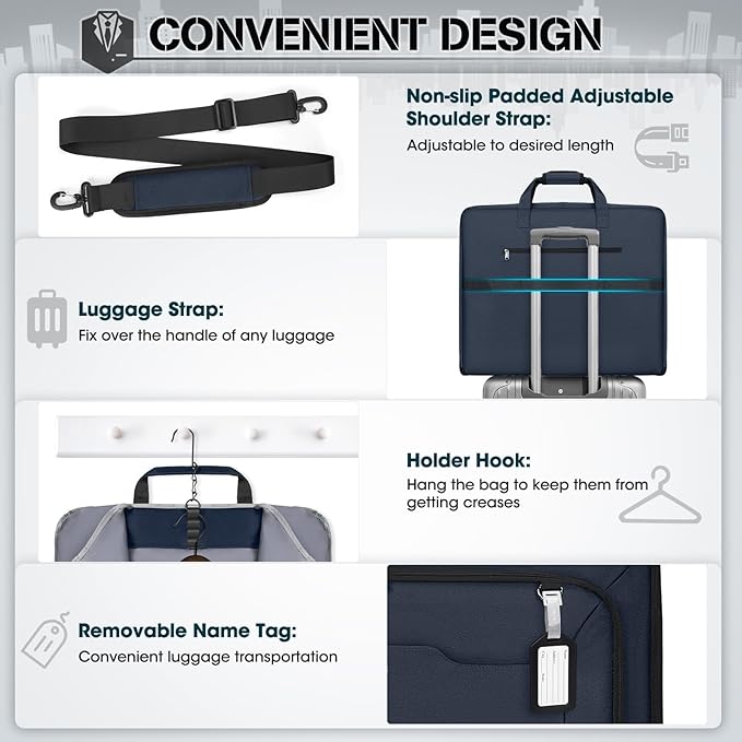 RAINSMORE Garment Bags for Travel Carry On Garment Bag for Hanging Clothes, Suit Bag for Business Trips with Shoes bag & Shoulder Strap, Waterproof Foldable Suit Luggage Bag for Men Women, Blue