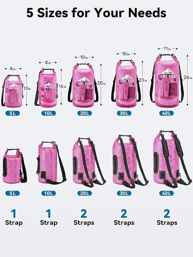HEETA Dry Bag Waterproof for Women Men, 5L/10L/20L/30L/40L Roll Top Lightweight Dry Storage Bag Backpack with Phone Case for Travel Swimming Boating Kayaking Paddle Board Camping Beach Accessories