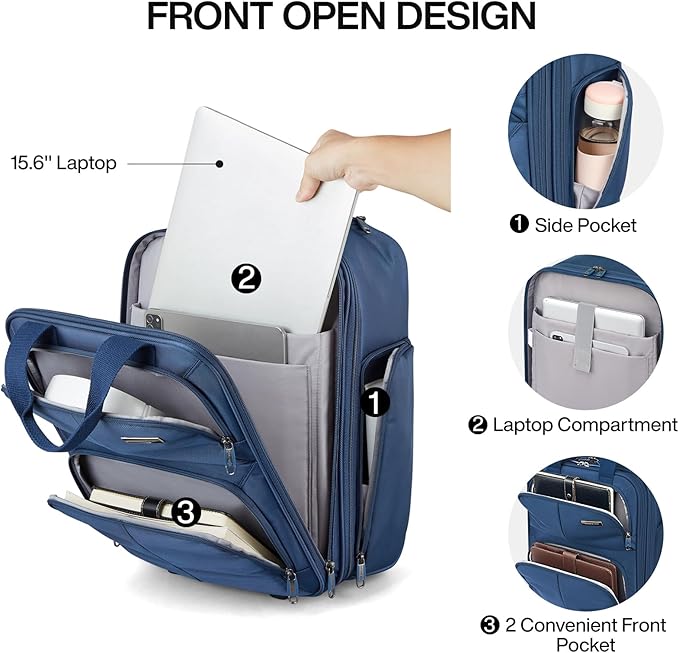 Hanke Softside Expandable Underseat Carry On Luggage for Airplanes,Travel Luggage Rolling Bag Personal Item Bag Small Suitcase,Blue,16-Inch