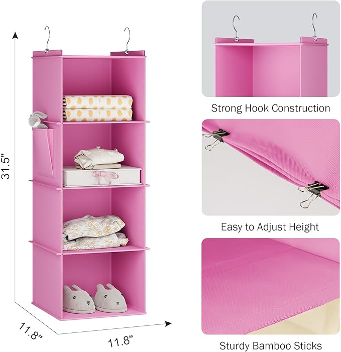 YOUDENOVA Hanging Closet Organizer, 4-Shelf Closet Hanging Storage Shelves, Light Pink