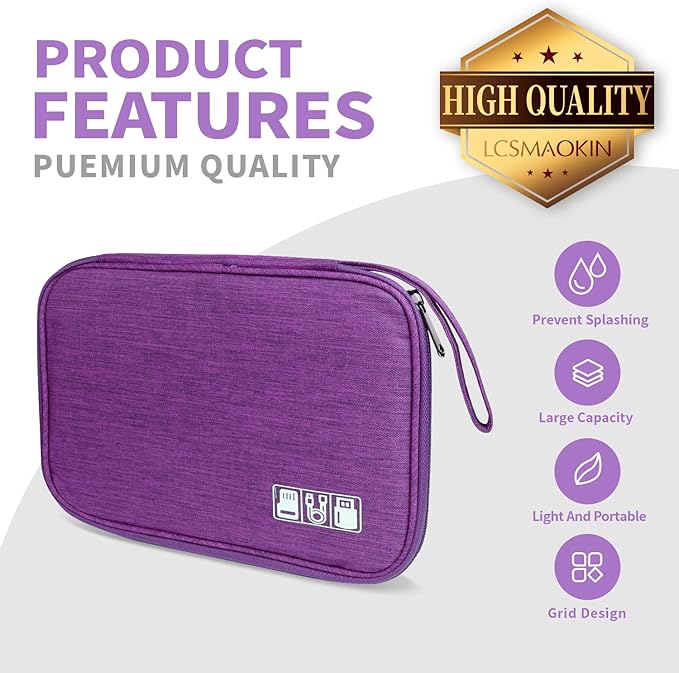 Electronics Travel Organizer,Portable Waterproof Electronic Travel Storage Bag for Small Charging Cord Storage,Charger,Small Electronics,SD Card etc,for Travel,Business -Purple