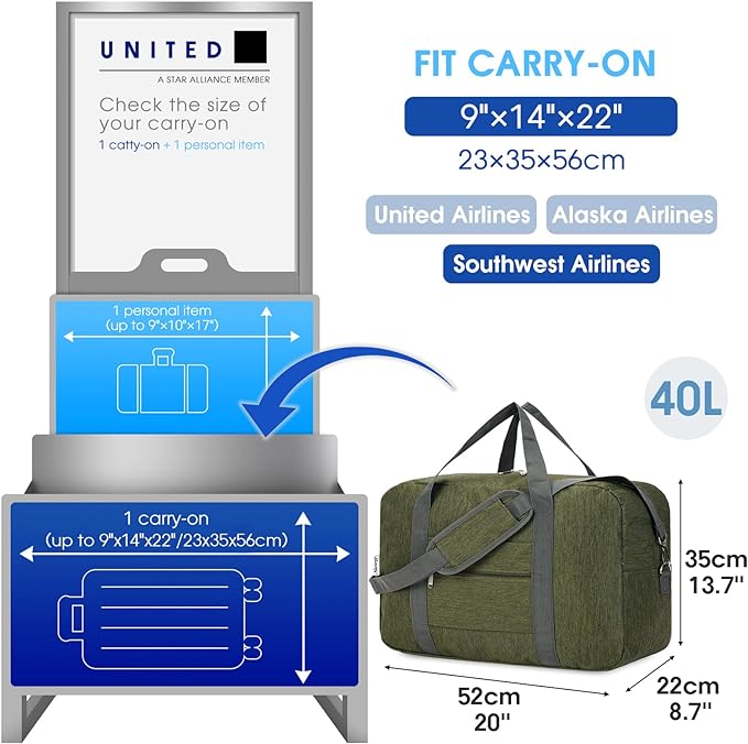 For United Airlines Foldable Carry on Bag 22x14x9 Travel Duffel Bag Packable luggage Duffle for Women and Men 40L (Army Green)