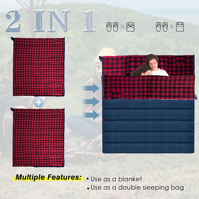 0 Degree Sleeping Bag Cotton Flannel Winter Cold Weather for Adults XXL Sleeping Bag 4 Season Big and Tall with Pillow Compression Sack