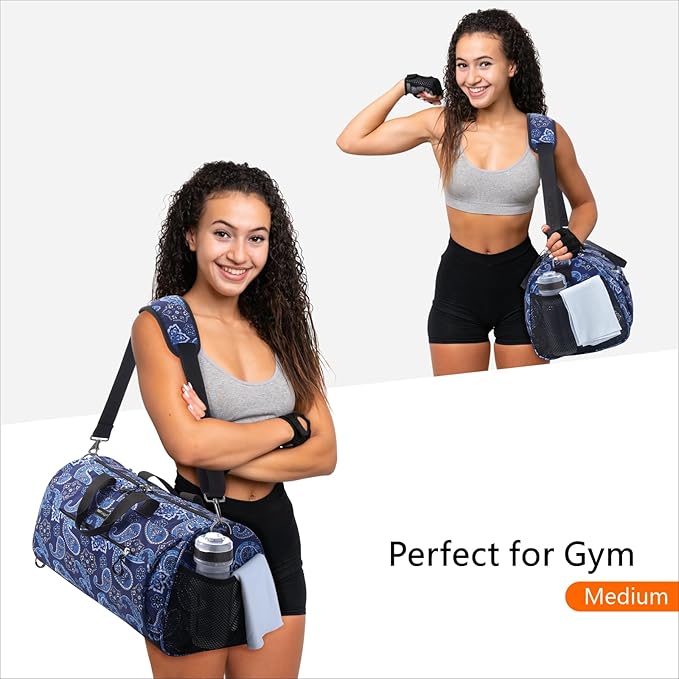 TOPDesign Gym Bag for Women, Duffel Bag with Shoe Compartment & Wet Pocket for Travel Sports (M Bandanna)