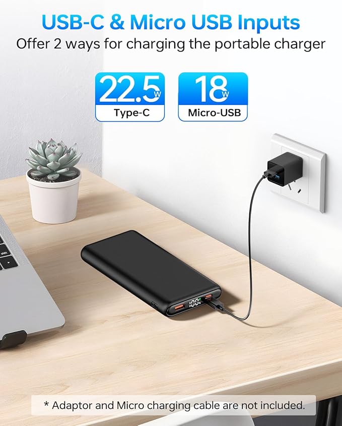 ZZI Portable Charger, 32000mAh 5V/3A Power Bank with Dual 22.5W High-Speed Charging, Thinnest Travel Essentials with LED Display, Battery Pack Compatible with iPhone Samsung iPad etc (Black)