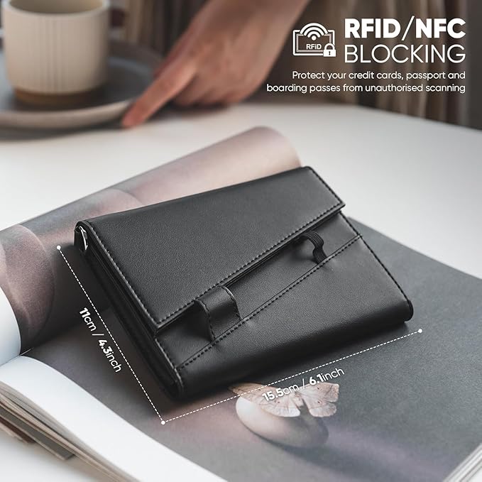 Real Leather Wallet RFID Blocking Passport Holder with Travel Lanyard Document Organizer Brown (Black)