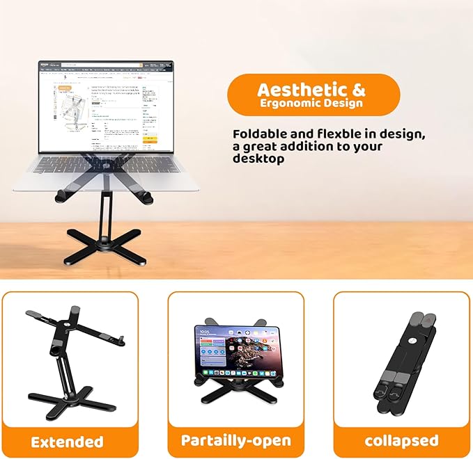 Laptop Stand with 360 Rotating Base, Computer Notebook Laptop Riser Metal Holder for Desk Collaborative Work, Fully Foldable for Easy Storage, Fits All MacBook, Laptops up to 16 inches, Black