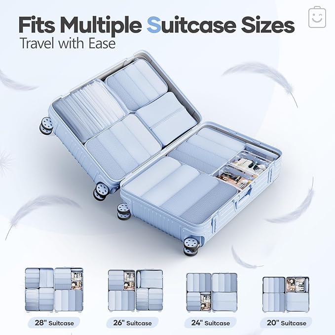 Veken 9/11 Set Compression Packing Cubes for Travel Essentials,Compressible Expandable Large Luggage Suitcase Organizer Bags for Clothing,Durable Space Saver Storage Bags(Light Blue)