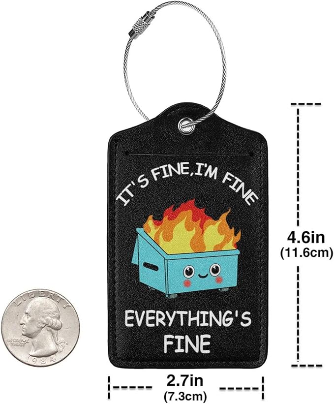 2 Pack Luggage Tags for suitcases Funny Cute Black Trash on fire I'm Fine It's Fine Luggage Tag, Leather Stainless Steel Loop Label Tag for Men Women Travel Bag Suitcase(Trash on fire)
