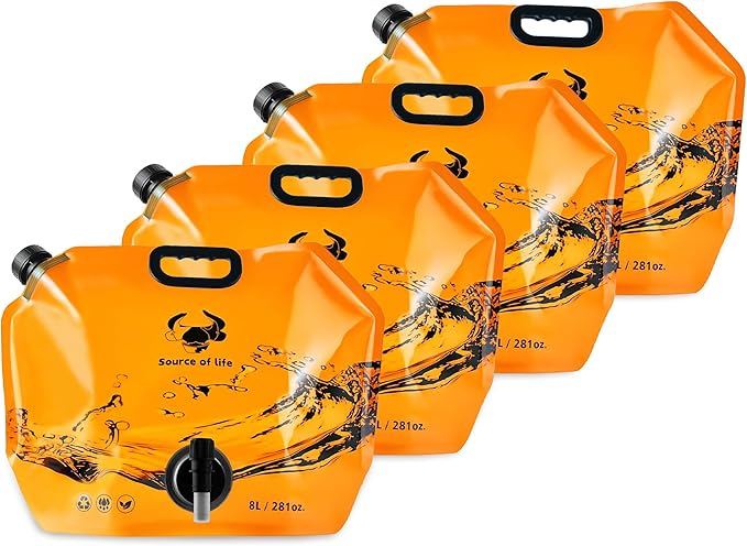 Collapsible 8L Water Storage Bag, BPA-Free Portable Folding Water Jug with Adjustable Faucet, Leakproof Emergency Water Bag for Camping, Hiking, Riding, Outdoor Sport (Orange, 4)