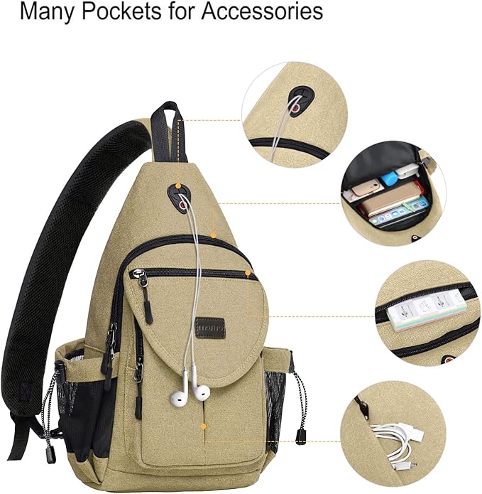 MOSISO Sling Backpack,Canvas Crossbody Hiking Daypack Bag with Anti-theft Pocket, Khaki