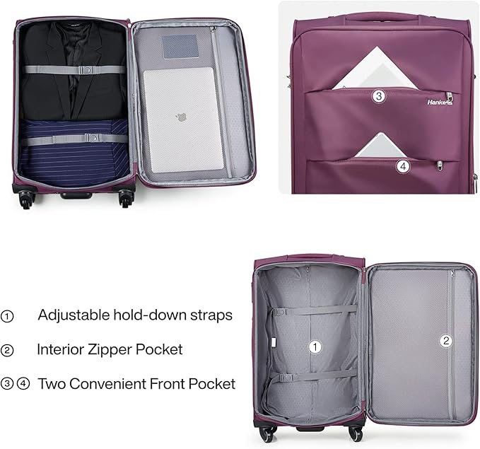 Hanke 20 Inch Expandable Carry On Luggage 22x14x9 Airline Approved Softside Suitcases with Wheels Lightweight Travel Luggage Rolling Suitcase with Lock for Men and Women.(Purple)