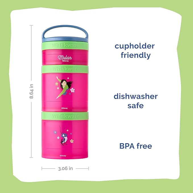 Whiskware Disney Princess Stackable Snack Containers for Kids, 3 Stackable Snack Cups for School and Travel, Mulan and Cri-Kee