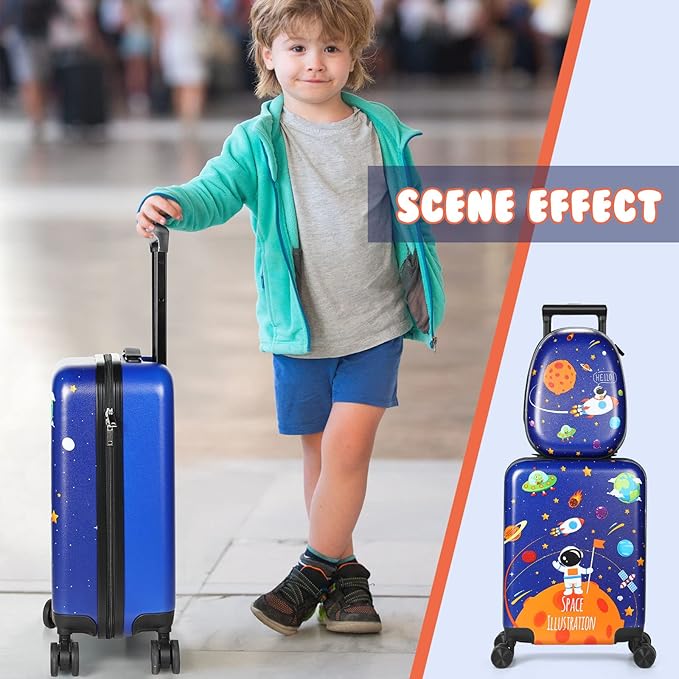 Weewooday Kids Luggage and Backpack 18" Suitcase with Spinner Wheel Hard Case Travel 13" Backpack Girl Suitcase Set for Kids Travel Supplies(Blue,Spaceman Style)