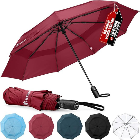 PTEROMY Windproof Compact Travel Umbrellas for Rain and Sun, Withstands 85MPH Winds Auto Open Close Folding Umbrella with Ergonomic Handle, Quick Dry Canopy for Commuting or Backpack