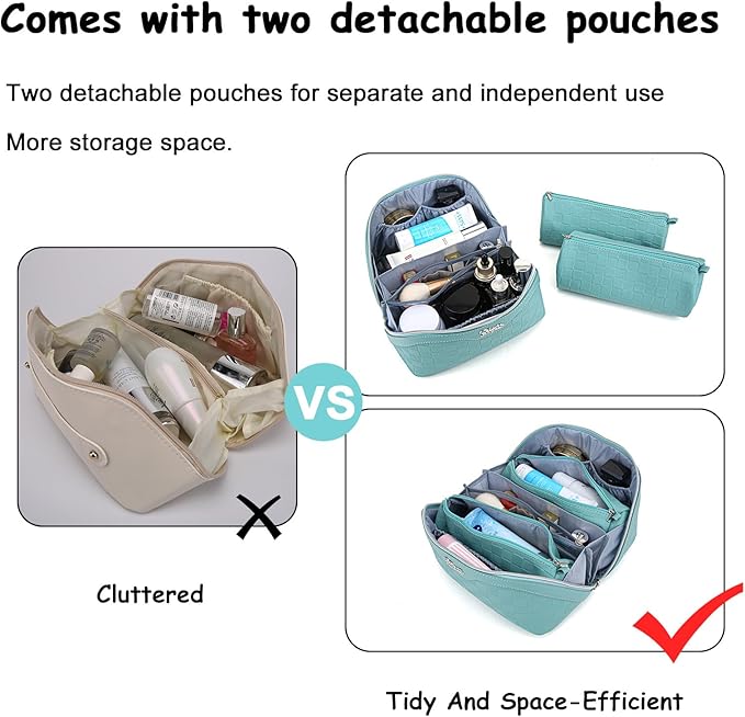 BOYATU Travel Makeup Bag Organizer Cosmetic Bag: 3 Pcs Set Make up Bags for Women with Handle - Waterproof Vegan Leather Toiletry Bags with Comparments (C-03-Blue)