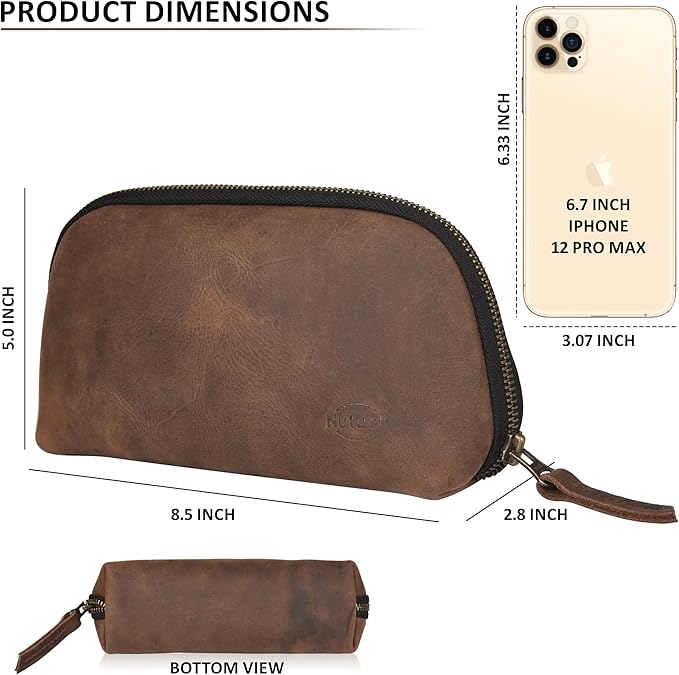 Leather Tech Pouch for Cables Chargers Phone | Tech Bag | Zipper Travel Accessory Pouch | Electronic Organizer Case Travel Bag (Vintage Dark Brown)