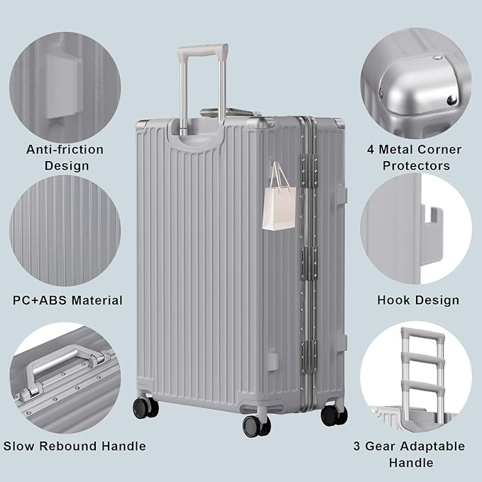 AnyZip Luggage PC+ABS Aluminum Frame Zipperless Checked Luggage Hard Shell Suitcase with TSA Lock Double Spinner Wheels 28 Inch Silver
