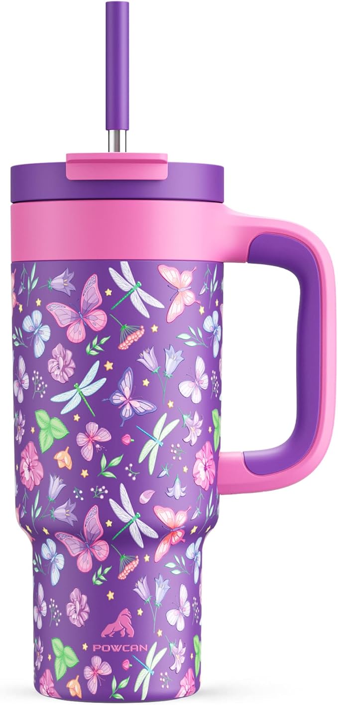 24 oz Insulated Tumbler for Kids: Spill-Proof, 2-in-1 Straw Lid, Cold for 26 Hrs, Stainless Steel Cup with Handle for School, Camping, Gift, Daily, Outdoor, Trip, Travel, Vacation (Butterfly Field)