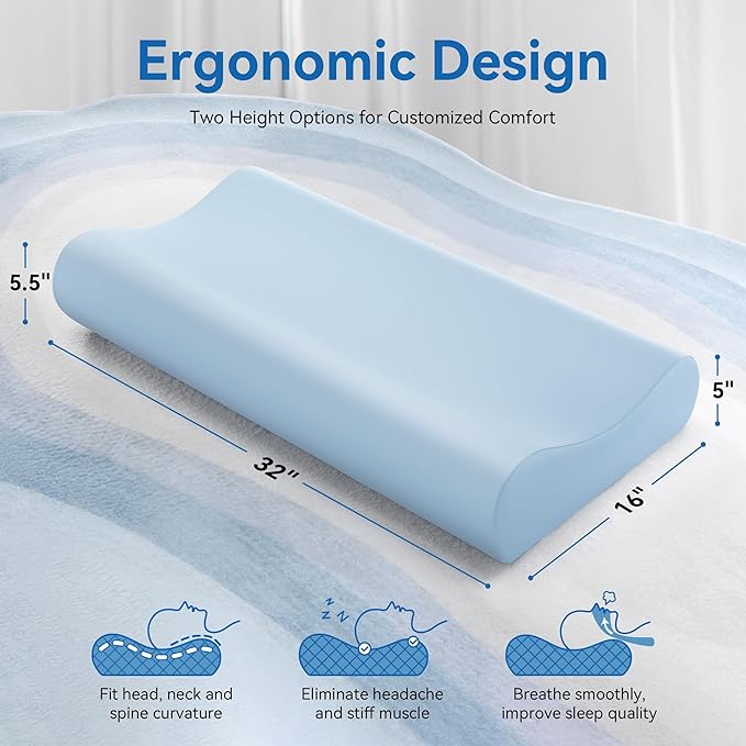 AM AEROMAX 32" King Size Contour Memory Foam Pillow, Cervical Pillow for Neck Pain Relief, Neck Orthopedic Sleeping Pillows for Side, Back and Stomach Sleepers