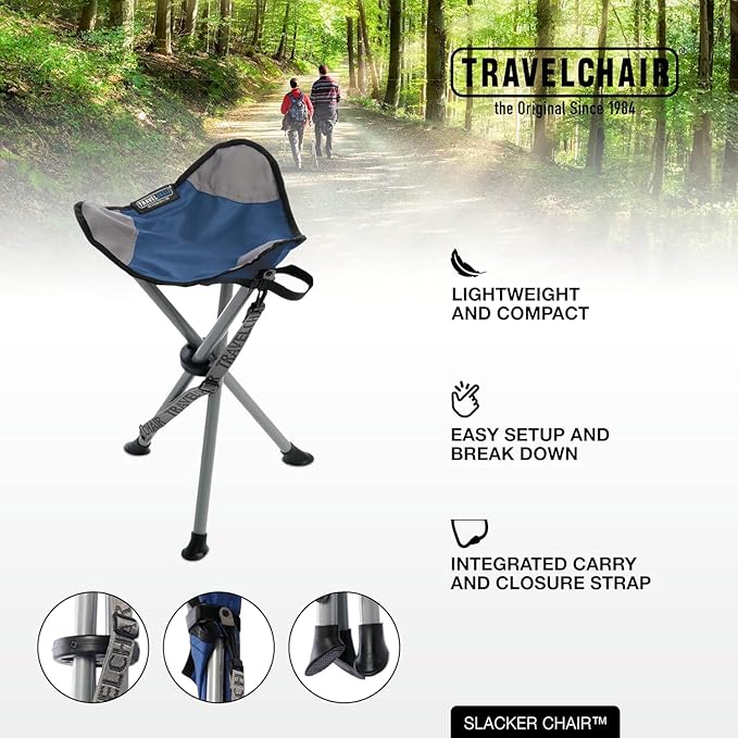 Travel Chair Slacker Tripod Chair for Camping, Lightweight Chair, Adjustable Carry Strap for Easy Transport | Oversized Duck Feet for Improved Stability | Perfect for Outdoor Adventures (Blue)