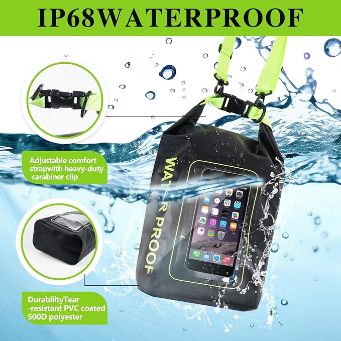 IP68 Waterproof Dry Bag, 2L - Roll Top Waterproof Pool Bag，Dry Bags for Kayaking Waterproof-w/Phone Pouch,Large Waterproof Phone Pouch,Boating & Kayak Accessories Camping (Black 5L)